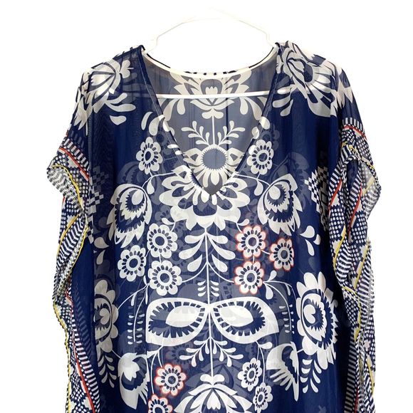 Sheer Tunic Coverup with Side Slits Pullover Blue and White Floral Print - Picture 2 of 3